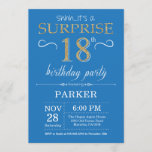 Surprise 18th Birthday Invitation Blue en Gold Kaart<br><div class="desc">Verrassend 18e verjaardag Uitnodiging met Blauwe en Gouden Glitter Achtergrond. Volwassen verjaardag. Mannen of vrouwen uitgenodigd. Elke leeftijd. Voor verdere aanpassing,  te klikken gelieve de knoop "van de Aanpassing het"en ons ontwerphulpmiddel te gebruiken om deze sjabloon te wijzigen.</div>