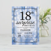 Surprise 18th Birthday Invitation Blue Glitter Kaart (Staand voorkant)