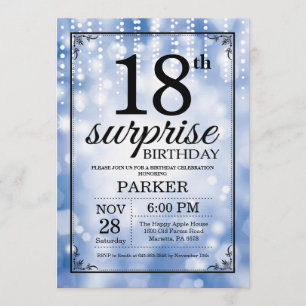 Surprise 18th Birthday Invitation Blue Glitter Kaart