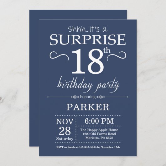 Surprise 18th Birthday Invitation Blue Kaart (Voorkant / Achterkant)