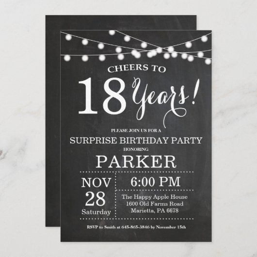 Surprise 18th Birthday Invitation Chalkboard Kaart (Voorkant / Achterkant)