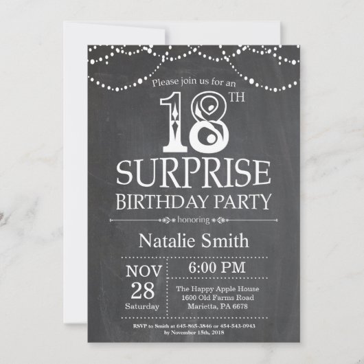 Surprise 18th Birthday Invitation Chalkboard Kaart (Voorkant)