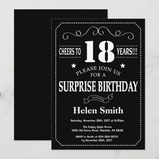 Surprise 18th Birthday Invitation Chalkboard Kaart (Voorkant / Achterkant)