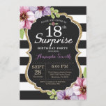 Surprise 18th Birthday Invitation Floral Gold Kaart<br><div class="desc">Verrassend 18e verjaardag Uitnodiging voor meisje-tiendame. Zwarte en gouden feestdag uitnodiging. Gold Glitter. Paarse Waterverf bloem. Zwarte en witte strepen. Chalkboard. Afdrukbaar digitaal. Voor verdere aanpassing,  te klikken gelieve de knoop "van het Aanpassen"en ons ontwerphulpmiddel te gebruiken om deze sjabloon te wijzigen.S</div>