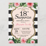 Surprise 18th Birthday Invitation Floral Kaart<br><div class="desc">Verrassend 18e verjaardag Uitnodiging voor vrouwen. Zwarte en gouden feestdag uitnodiging. Gold Glitter. Roze Waterverf bloem. Zwarte en witte strepen. Afdrukbaar digitaal. Voor verdere aanpassing,  te klikken gelieve de knoop "van de Aanpassing het"en ons ontwerphulpmiddel te gebruiken om deze sjabloon te wijzigen.</div>