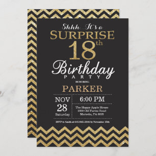 Surprise 18th Birthday Invitation Gold Glitter Kaart