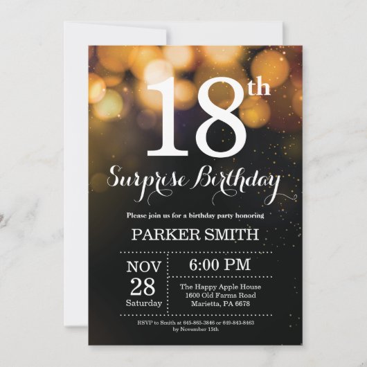 Surprise 18th Birthday Invitation Gold Glitter Kaart (Voorkant)