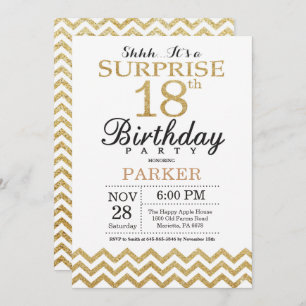 Surprise 18th Birthday Invitation Gold Glitter Kaart