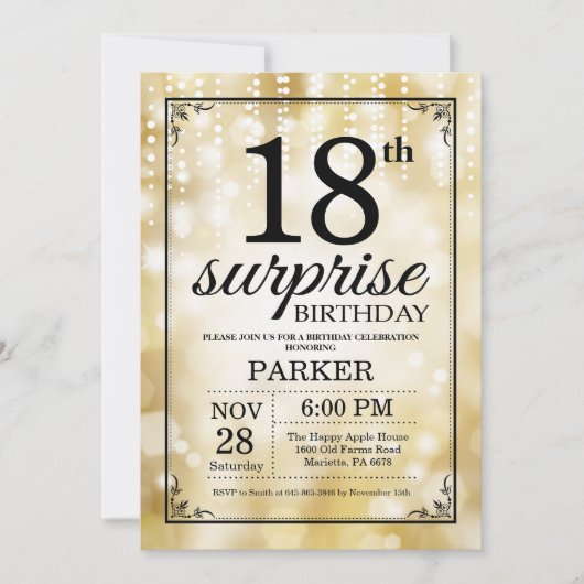 Surprise 18th Birthday Invitation Gold Glitter Kaart (Voorkant)