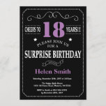 Surprise 18th Birthday Invitation Paars and Black Kaart<br><div class="desc">Verrassend 18e verjaardag Uitnodiging Paars en Zwarte Typografie. Chalkboard. Zwart-witte achtergrond. Volwassen verjaardag. Mannelijke Mannen of vrouwen: Birthday. Kinder jongen of meisje Lady Teen Teenage Bday Invite. 13e 15e 16e 18e 21e 30e 40e 50e 60e 70e 80e 90e 100e. Elke leeftijd. Voor verdere aanpassing, te klikken gelieve de knoop "van...</div>