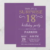 Surprise 18th Birthday Invitation Paars and Gold Kaart (Voorkant / Achterkant)
