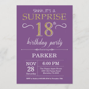 Surprise 18th Birthday Invitation Paars and Gold Kaart