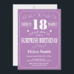 Surprise 18th Birthday Invitation Paars and White Kaart<br><div class="desc">Verrassend 18e verjaardag Uitnodiging Paars en Witte Typografie. Paarse achtergrond. Volwassen verjaardag. Mannelijke Mannen of vrouwen: Birthday. Kinder jongen of meisje Lady Teenage Bday Invite. 13e 15e 16e 18e 21e 30e 40e 50e 60e 70e 90e 100e. Elke leeftijd. Voor verdere aanpassing, te klikken gelieve de knoop "van de Aanpassing het"en...</div>