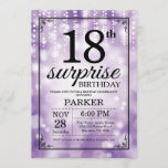 Surprise 18th Birthday Invitation Paars Glitter Kaart<br><div class="desc">Verrassend 18de Uitnodiging van de Dag van de Aarde met de Paarse Lichten van het Koord met de Paarse Achtergrond van Glitter. Paarse verjaardag. Volwassen verjaardag. Mannen of vrouwen uitgenodigd. 13e 15e 16e 18e 21e 30e 40e 50e 60e 70e 90e 100e, elke leeftijd. Voor verdere aanpassing, te klikken gelieve de...</div>