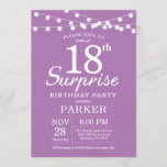 Surprise 18th Birthday Invitation Paars Lavender Kaart<br><div class="desc">Verrassend 18e verjaardag Uitnodiging met de Lichten van het Koord. Paarse lavender Lila achtergrond. Vrouwen Vrouwen Lady Elegant Modern bday. 13e 15e 16e 18e 21e 30e 40e 50e 60e 70e 90e 100e, elke leeftijd. Voor verdere aanpassing, te klikken gelieve de knoop "van de Aanpassing het"en ons ontwerphulpmiddel te gebruiken om...</div>