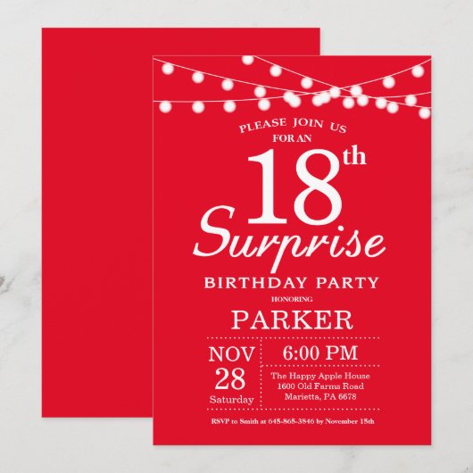 Surprise 18th Birthday Invitation Red Kaart (Voorkant / Achterkant)