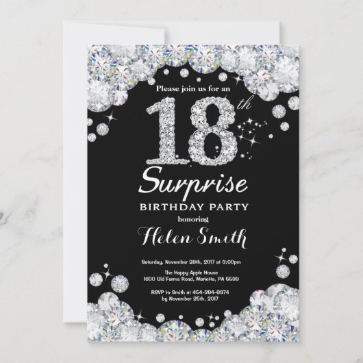 Surprise 18th Birthday Invitation Silver Diamond Kaart (Voorkant)