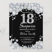 Surprise 18th Birthday Invitation Silver Diamond Kaart (Voorkant / Achterkant)