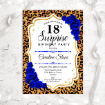 Surprise 18th Birthday - Leopard Gold Royal Blue Kaart<br><div class="desc">Verrassende uitnodiging van 18e verjaardag. Feminine royal blue,  wit design met faux glitter Gold. Kenmerken van het dierenluipspatroon,  saffierblauw roos,  scriptlettertype en confetti. Ideaal voor een elegant verjaardagsfeestje. Kan op elke leeftijd aan het show worden aangepast. Bericht me als u verdere aanpassing nodig hebt.</div>