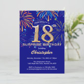 Surprise 18th Birthday Navy Blue Gold Fireworks Kaart (Staand voorkant)