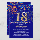 Surprise 18th Birthday Navy Blue Gold Fireworks Kaart (Voorkant / Achterkant)