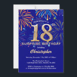 Surprise 18th Birthday Navy Blue Gold Fireworks Kaart<br><div class="desc">Verrassend 18e verjaardag Navy Blue en Gold Rainbow Fireworks-uitnodiging. Voor verdere aanpassing,  te klikken gelieve de knoop "van de Aanpassing het"en ons ontwerphulpmiddel te gebruiken om deze sjabloon te wijzigen.</div>