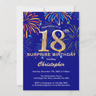 Surprise 18th Birthday Navy Blue Gold Fireworks Kaart