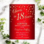 Surprise 18th Birthday Party - Red Gold Invitation Kaart<br><div class="desc">Verrassend 18e verjaardag Uitnodiging Elegant ontwerp in rood met faux glitter goud. Kenmerkt manuscriptdoopvont en confetti. Cheers tot 18 jaar! Bericht me als je een aangepaste leeftijd nodig hebt.</div>