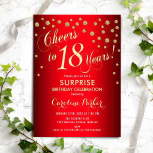 Surprise 18th Birthday Party - Red Gold Invitation Kaart