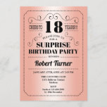 Surprise 18th Birthday - Roos Gold Zwart Kaart<br><div class="desc">Surprise 18th Birthday Invitation Retro ontwerp in faux roos gouden folie en zwart. Proost op 18 jaar! Kan ook tot elk jaar worden gepersonaliseerd.</div>