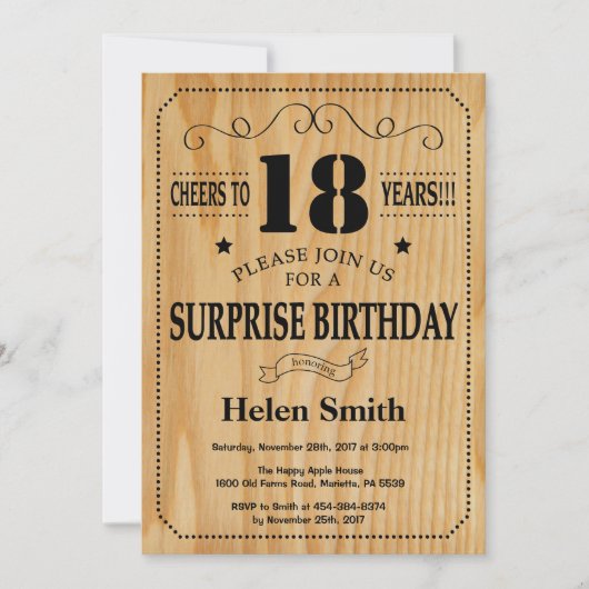 Surprise 18th Birthday Rustic Wood Kaart (Voorkant)