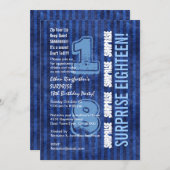 SURPRISE 18th Modern Birthday Blue Stripes W555 Kaart (Voorkant / Achterkant)