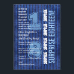 SURPRISE 18th Modern Birthday Blue Stripes W555 Kaart<br><div class="desc">Dit moderne blauwe strepen-ontwerp is een elegante en trendy manier om je gasten uit te nodigen voor een 18e verjaardag SURPRISE. Alle tekst is volledig aanpasbaar. U kunt de tekstkleur voor een verschillende blik veranderen. Dit ontwerp is voorzien van een milieuvriendelijk, helder, gerecycleerd wit papier. Ik adviseer ook het ijsknuffel...</div>