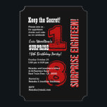 SURPRISE 18th Modern Birthday Red Black White A01 Kaart<br><div class="desc">SURPRISE 18th Modern Birthday Red Black A01 Dit moderne ontwerp is een elegante en trendy manier om uw gasten uit te nodigen voor een SURPRISE verjaardagsfeestje. Alle tekst is volledig aanpasbaar. U kunt de achtergrondkleur of de tekstkleur voor een verschillende blik veranderen. Deze uitnodiging is ook geschikt voor een 12...</div>