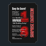 SURPRISE 18th Modern Birthday Red Black White A01 Kaart<br><div class="desc">SURPRISE 18th Modern Birthday Red Black A01 Dit moderne ontwerp is een elegante en trendy manier om uw gasten uit te nodigen voor een SURPRISE verjaardagsfeestje. Alle tekst is volledig aanpasbaar. U kunt de achtergrondkleur of de tekstkleur voor een verschillende blik veranderen. Deze uitnodiging is ook geschikt voor een 12...</div>