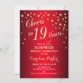Surprise 19th Birthday Party - Red Gold Invitation Kaart (Voorkant)