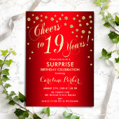 Surprise 19th Birthday Party - Red Gold Invitation Kaart
