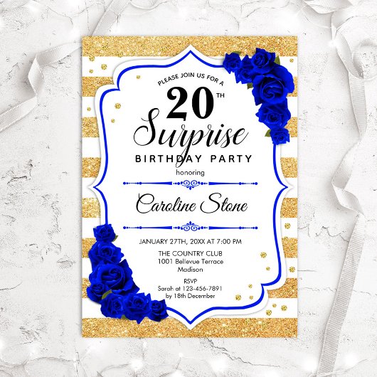 Surprise 20th Birthday - Gold White Royal Blue Kaart