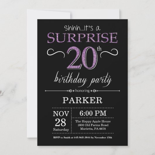 Surprise 20th Birthday Invitation Black and Paars Kaart (Voorkant)