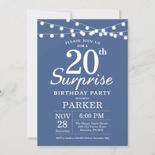Surprise 20th Birthday Invitation Blue Kaart (Voorkant)
