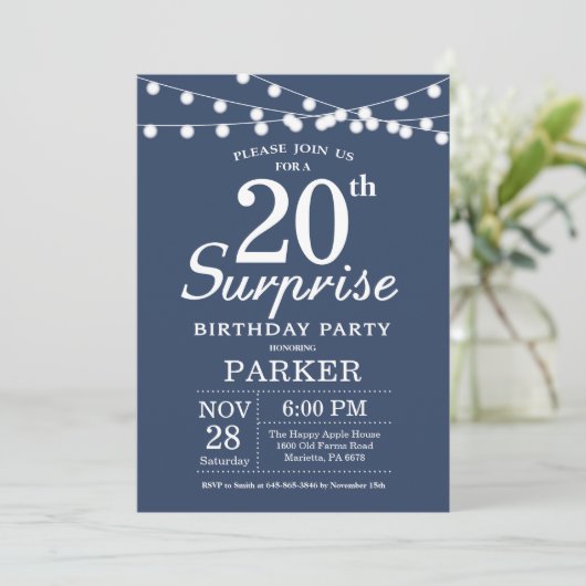 Surprise 20th Birthday Invitation Blue Kaart (Staand voorkant)