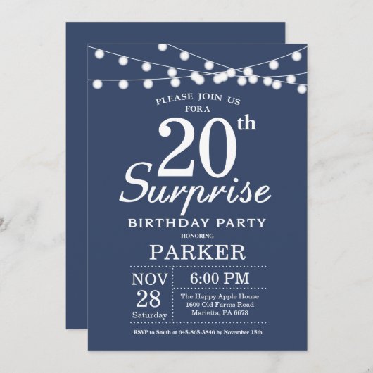 Surprise 20th Birthday Invitation Blue Kaart (Voorkant / Achterkant)