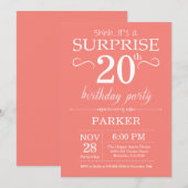 Surprise 20th Birthday Invitation Coral Kaart (Voorkant / Achterkant)