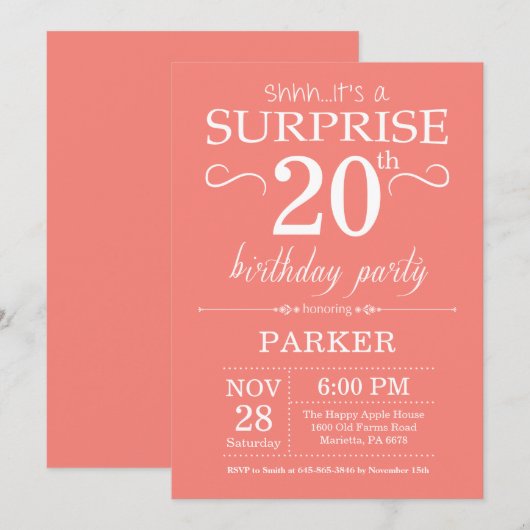Surprise 20th Birthday Invitation Coral Kaart (Voorkant / Achterkant)