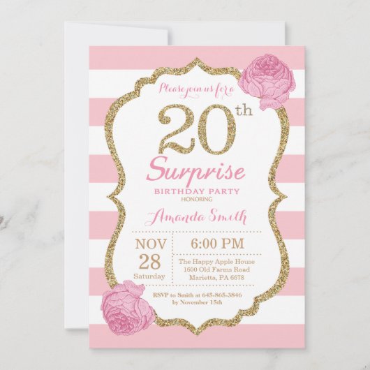 Surprise 20th Birthday Invitation Pink and Gold Kaart (Voorkant)