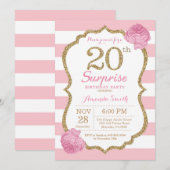 Surprise 20th Birthday Invitation Pink and Gold Kaart (Voorkant / Achterkant)