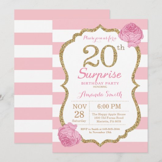 Surprise 20th Birthday Invitation Pink and Gold Kaart (Voorkant / Achterkant)