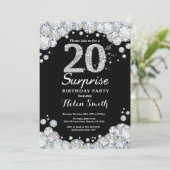 Surprise 20th Birthday Invitation Silver Diamond Kaart (Staand voorkant)