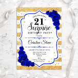 Surprise 21st Birthday - Gold White Royal Blue Kaart<br><div class="desc">Verrassend 21ste uitnodiging van de Dag. Feminine wit,  koninklijk blauw ontwerp met faux glitter Gold. Met bijvoegsels,  blauw roos,  scriptlettertype en confetti. Ideaal voor een elegant verjaardagsfeestje. Kan op elke leeftijd aan het show worden aangepast. Bericht me als u verdere aanpassing nodig hebt.</div>