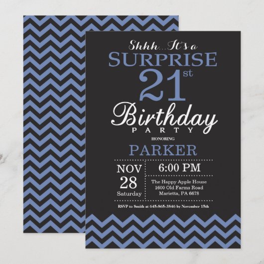 Surprise 21st Birthday Invitation Black and Blue Kaart (Voorkant / Achterkant)